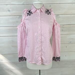 Nanette Lepore White Pink Stripe Blouse Cold Shoulder Black Embroidery